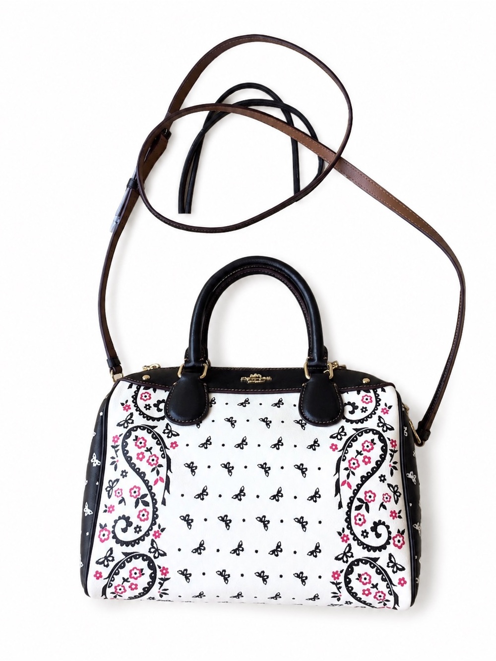 Coach Mini Bennett Satchel White with Dark Brown Trim & Pink Floral Paisley